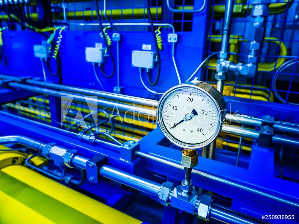 a pressure gauge on a machine in a factory