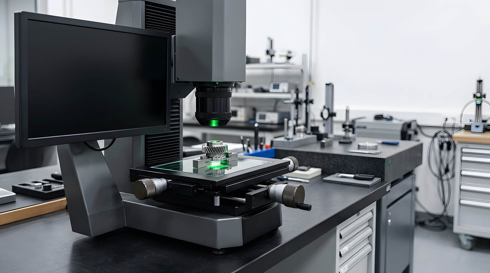 A digital comparator sits ready to take precision measurements in a lab. Optical comparator calibration.