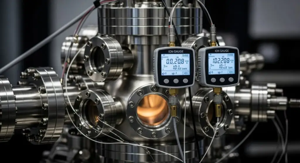 After pressure gauge calibration, a pressure gauge reads flow and vacuum pressure.